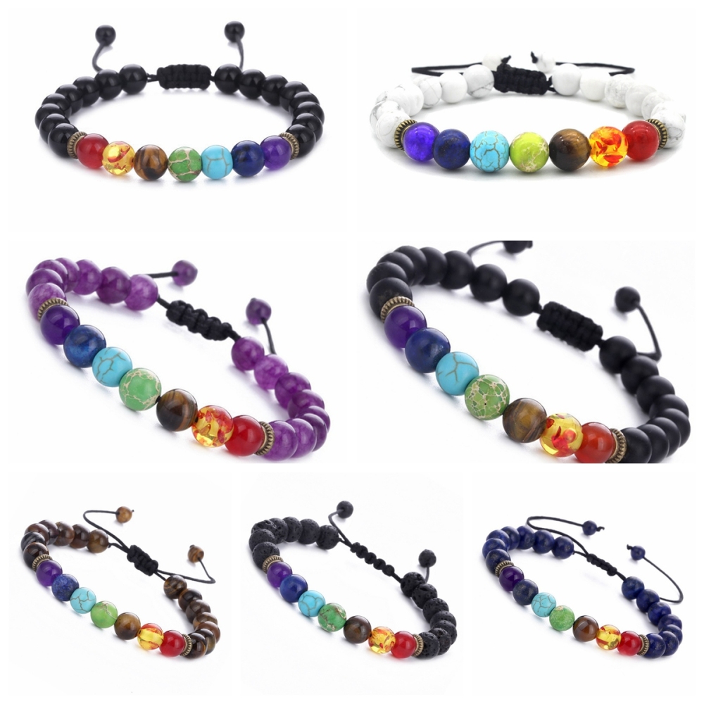 7 Chakra Yoga Gemstone Bracelet Adjustable Handmade 6MM Beaded Wrap Bracelets Healing Protection Nature Quartz Crystal Bangle