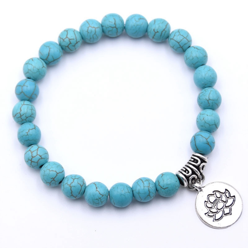 Natural Gemstone Beaded Stretch Bracelet with Silver Lotus Charms Pendant 8mm Stone Protection Healing Crystal Stretch Beaded