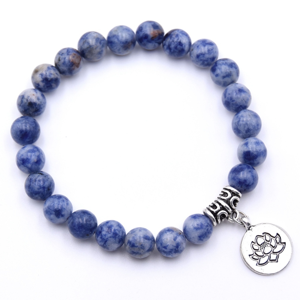 Natural Gemstone Beaded Stretch Bracelet with Silver Lotus Charms Pendant 8mm Stone Protection Healing Crystal Stretch Beaded