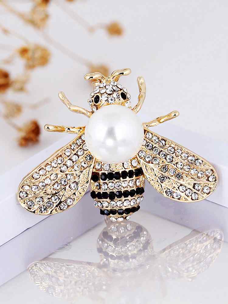 Honey Bee Brooches Crystal Insect Themed Bee Brooch Animal Fashion Shell Pearl Brooch Pin Gold Tone for Women and Girls