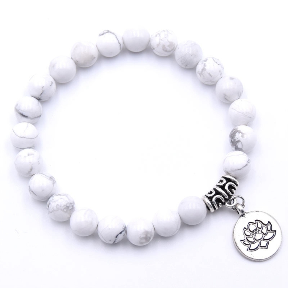 Natural Gemstone Beaded Stretch Bracelet with Silver Lotus Charms Pendant 8mm Stone Protection Healing Crystal Stretch Beaded