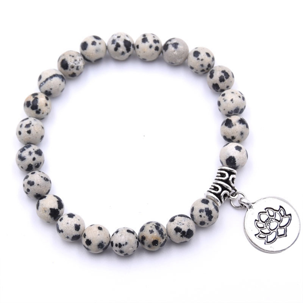 Natural Gemstone Beaded Stretch Bracelet with Silver Lotus Charms Pendant 8mm Stone Protection Healing Crystal Stretch Beaded