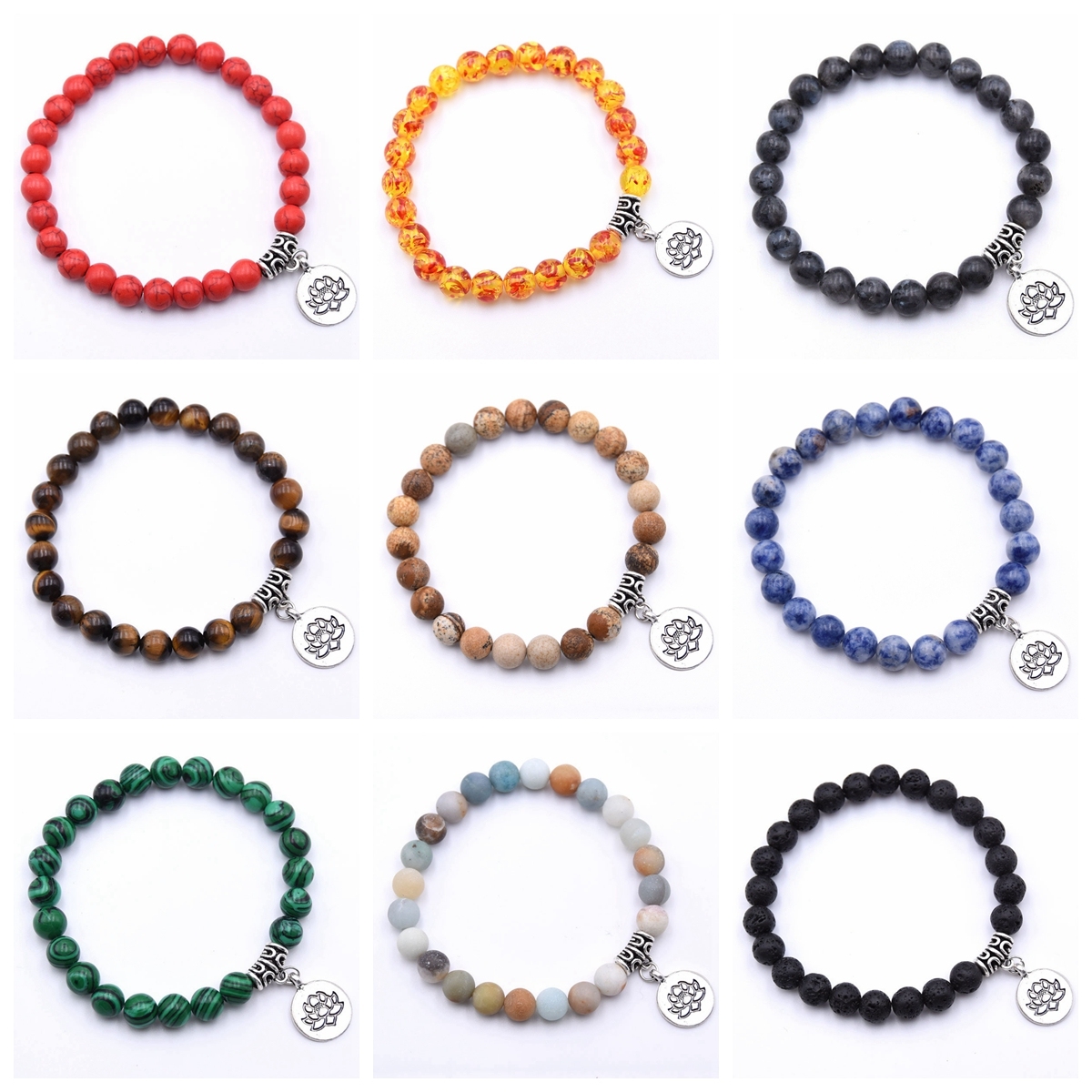 Natural Gemstone Beaded Stretch Bracelet with Silver Lotus Charms Pendant 8mm Stone Protection Healing Crystal Stretch Beaded