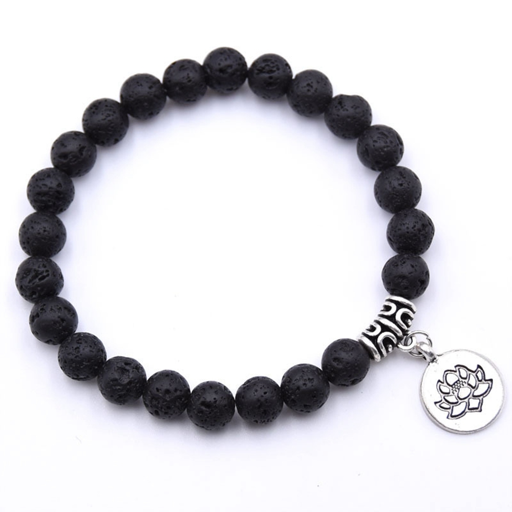 Natural Gemstone Beaded Stretch Bracelet with Silver Lotus Charms Pendant 8mm Stone Protection Healing Crystal Stretch Beaded