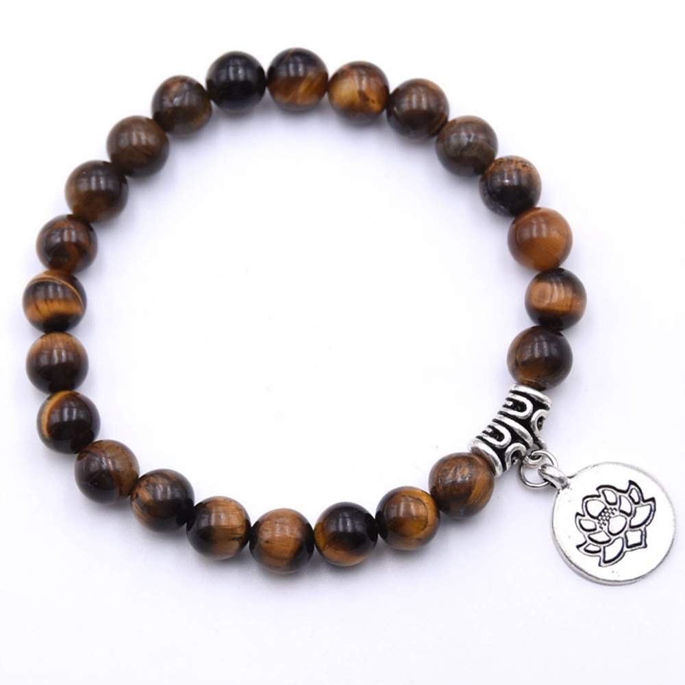 Natural Gemstone Beaded Stretch Bracelet with Silver Lotus Charms Pendant 8mm Stone Protection Healing Crystal Stretch Beaded