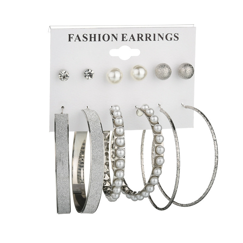 Fashion Exaggerated Pearl Large Ring Earrings 6 Pairs of Plate Frosted Diamond Earrings Set