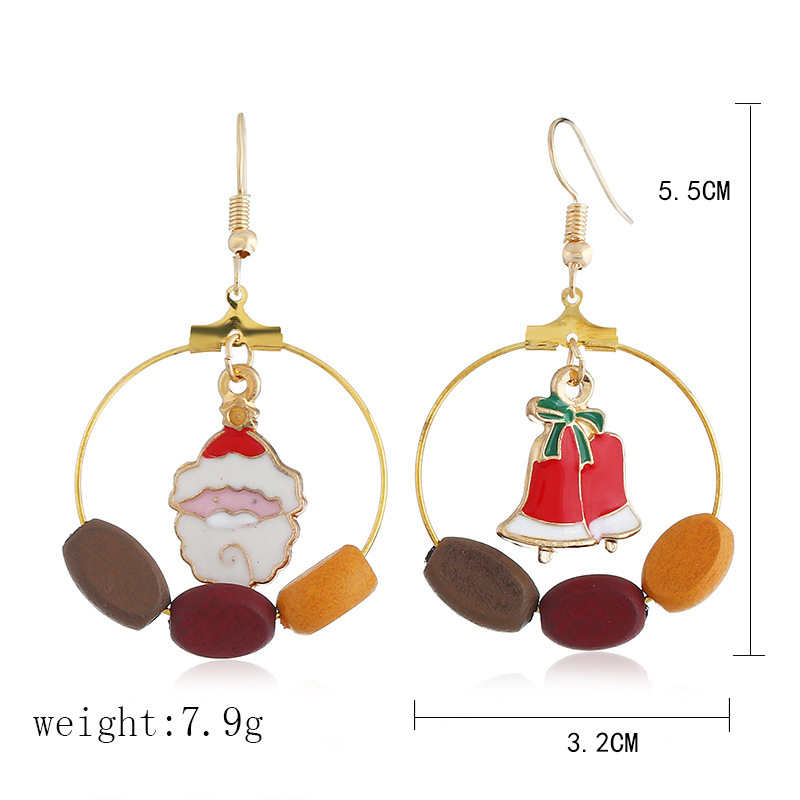 Personalized Asymmetric Big Circle Christmas Earrings Vintage Wood Simple Lovely Bell Christmas Tree Earrings