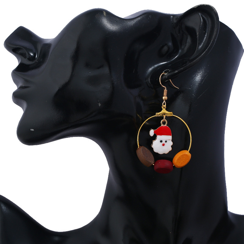 Personalized Asymmetric Big Circle Christmas Earrings Vintage Wood Simple Lovely Bell Christmas Tree Earrings