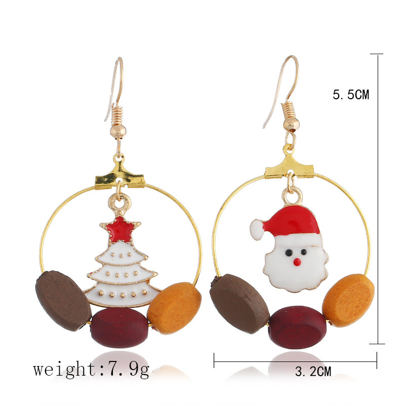Personalized Asymmetric Big Circle Christmas Earrings Vintage Wood Simple Lovely Bell Christmas Tree Earrings