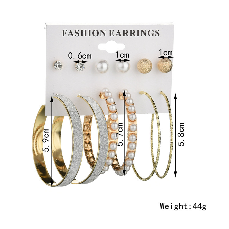 Fashion Exaggerated Pearl Large Ring Earrings 6 Pairs of Plate Frosted Diamond Earrings Set