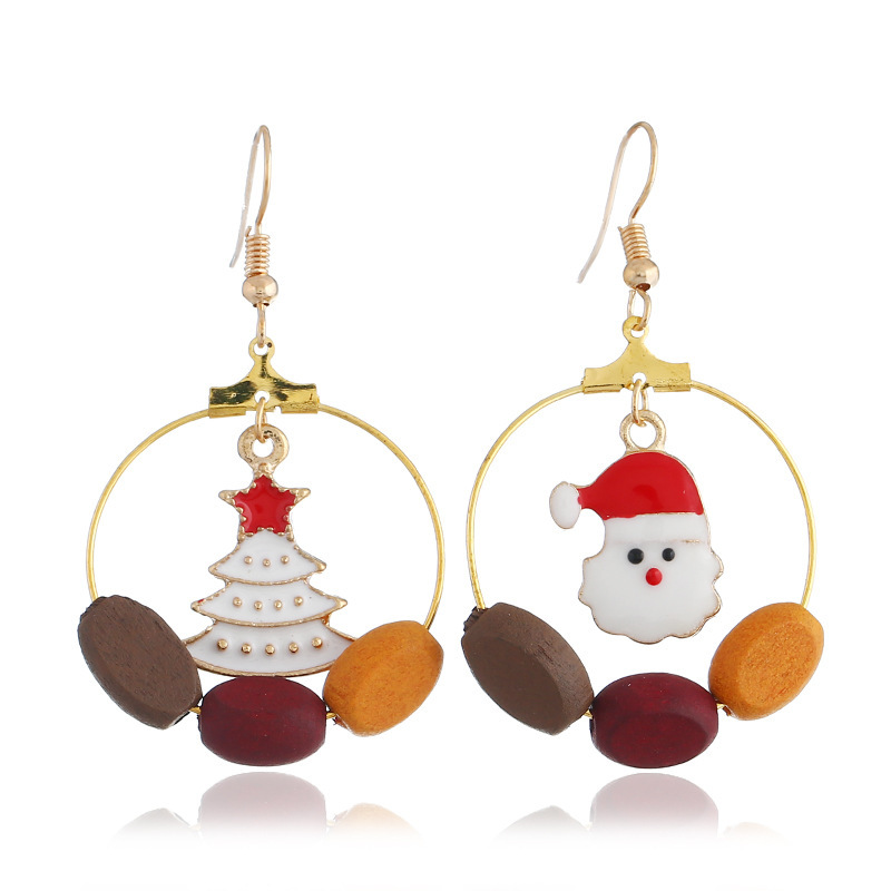 Personalized Asymmetric Big Circle Christmas Earrings Vintage Wood Simple Lovely Bell Christmas Tree Earrings