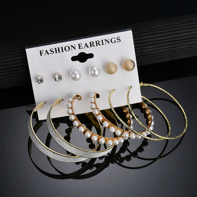 Fashion Exaggerated Pearl Large Ring Earrings 6 Pairs of Plate Frosted Diamond Earrings Set