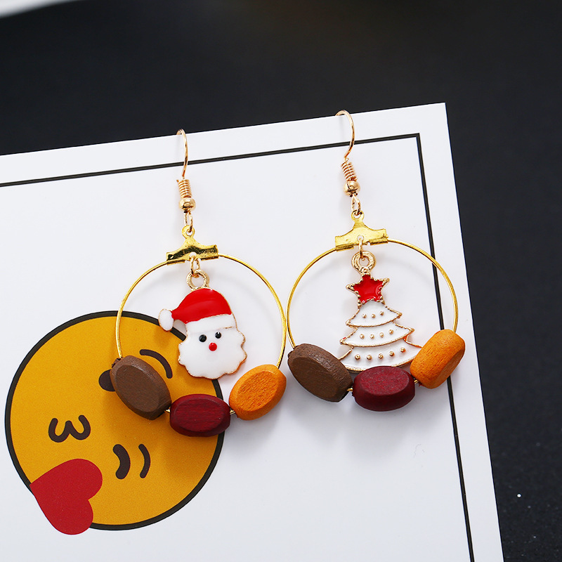Personalized Asymmetric Big Circle Christmas Earrings Vintage Wood Simple Lovely Bell Christmas Tree Earrings