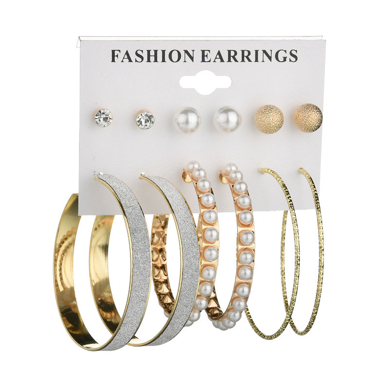 Fashion Exaggerated Pearl Large Ring Earrings 6 Pairs of Plate Frosted Diamond Earrings Set