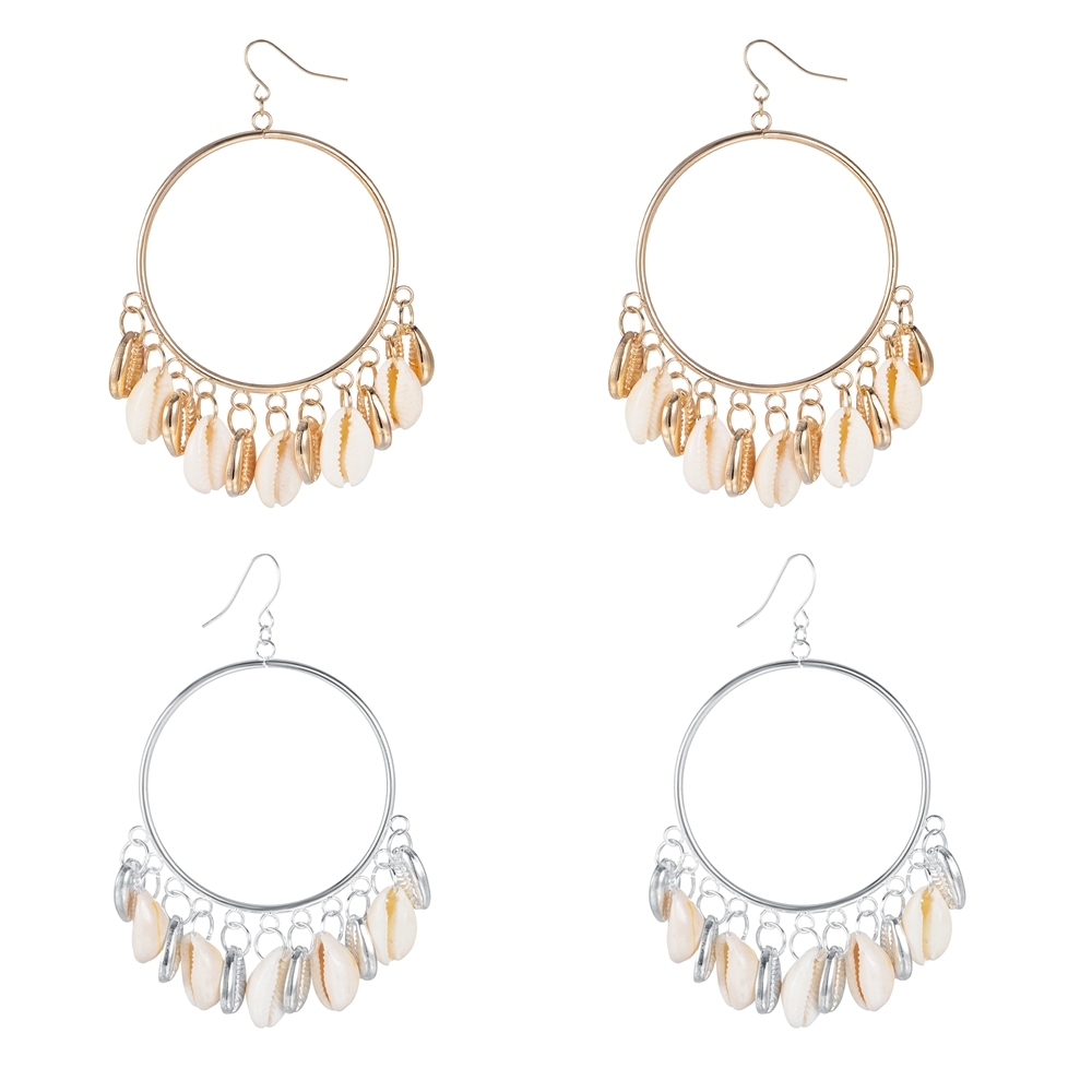 Bohemian Gold Plated Natural Sea Shell Circle Tassel Earrings Statement Cowrie Shell Earring For Women