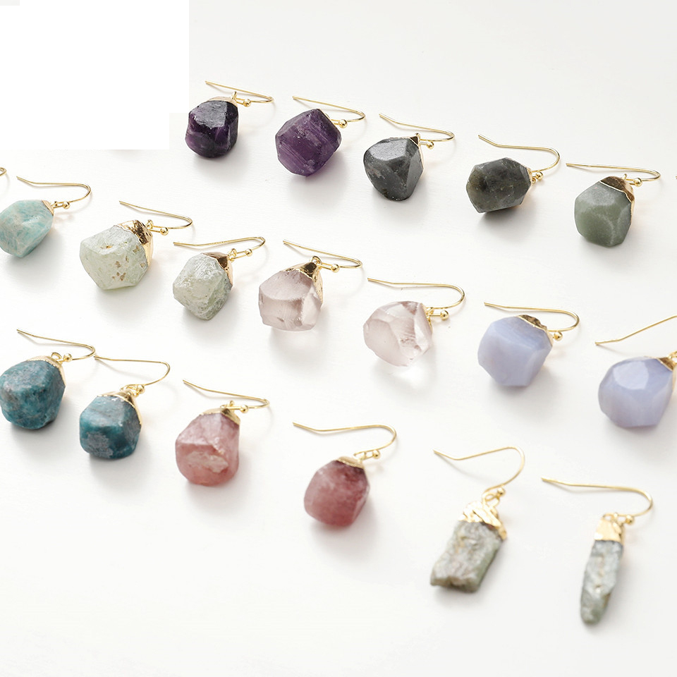 Irregular Cut Original Stones Jewelry Earring Charm Crystal Gold Plated Natural Amethyst Faceted Post Stud Earrings