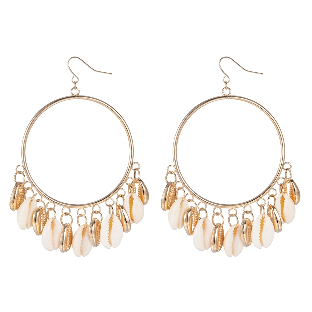 Bohemian Gold Plated Natural Sea Shell Circle Tassel Earrings Statement Cowrie Shell Earring For Women
