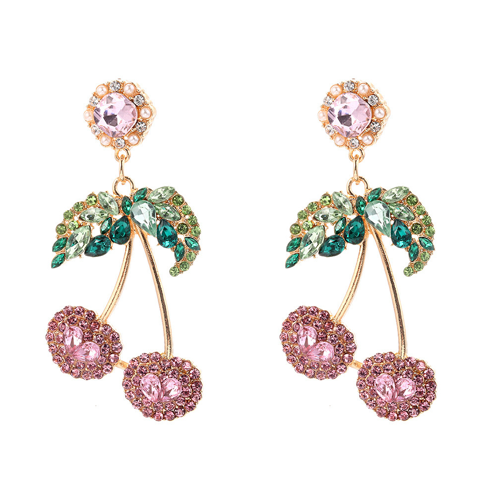 Hot Selling Gold Plated Statement Fruit Earring Jewelry Luxury Colorful Rhinestone Cherry Earrings For Women