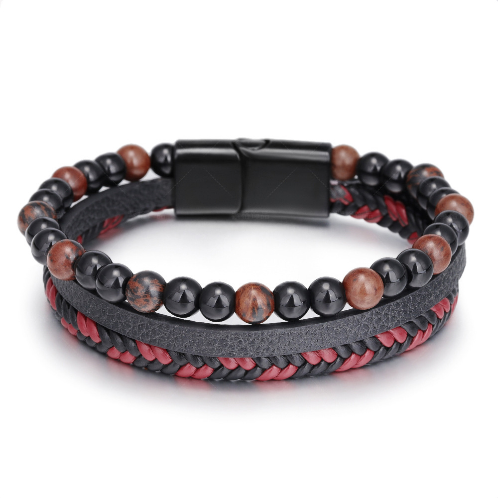 Natural Lava stone tiger eye stone men's alloy magnet buckle bracelet Beaded simple hand woven leather rope bracelet