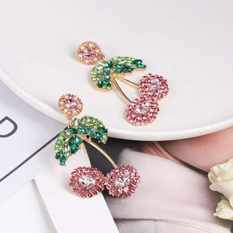 Hot Selling Gold Plated Statement Fruit Earring Jewelry Luxury Colorful Rhinestone Cherry Earrings For Women