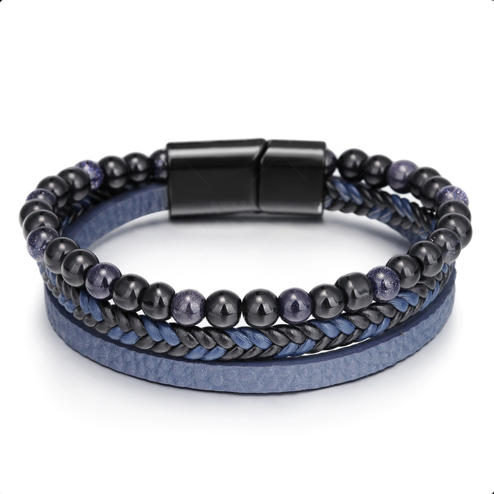 Natural Lava stone tiger eye stone men's alloy magnet buckle bracelet Beaded simple hand woven leather rope bracelet