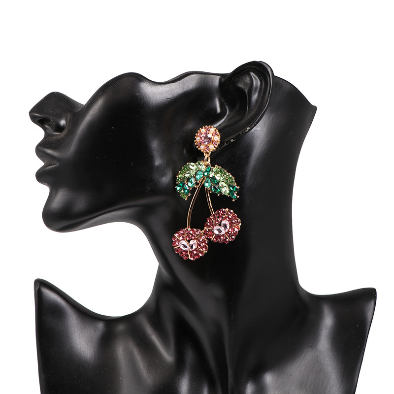 Hot Selling Gold Plated Statement Fruit Earring Jewelry Luxury Colorful Rhinestone Cherry Earrings For Women