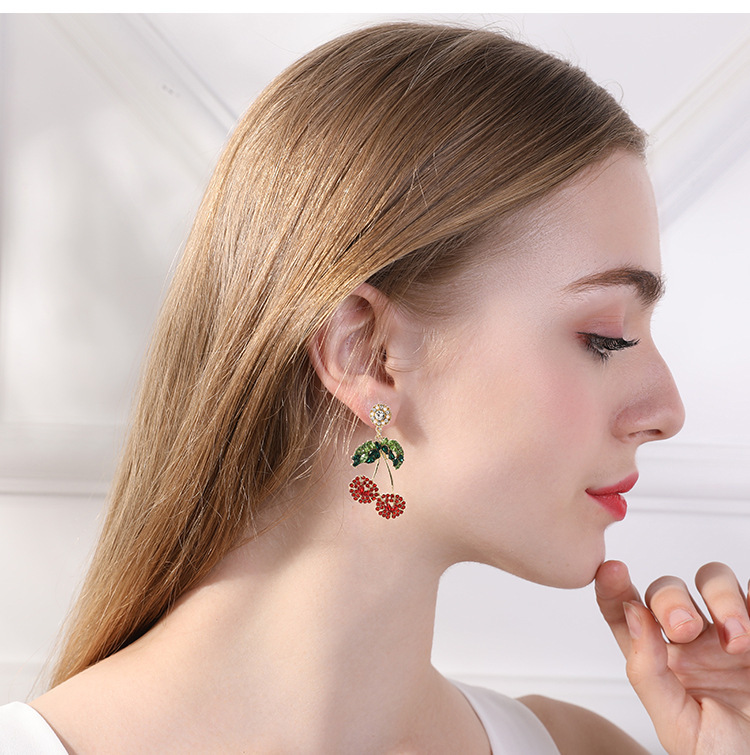 Hot Selling Gold Plated Statement Fruit Earring Jewelry Luxury Colorful Rhinestone Cherry Earrings For Women
