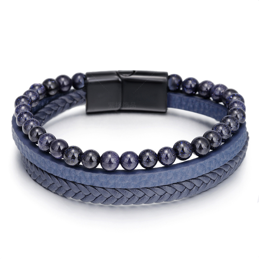 Natural Lava stone tiger eye stone men's alloy magnet buckle bracelet Beaded simple hand woven leather rope bracelet