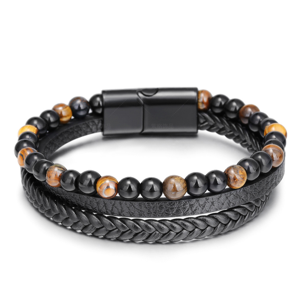 Natural Lava stone tiger eye stone men's alloy magnet buckle bracelet Beaded simple hand woven leather rope bracelet