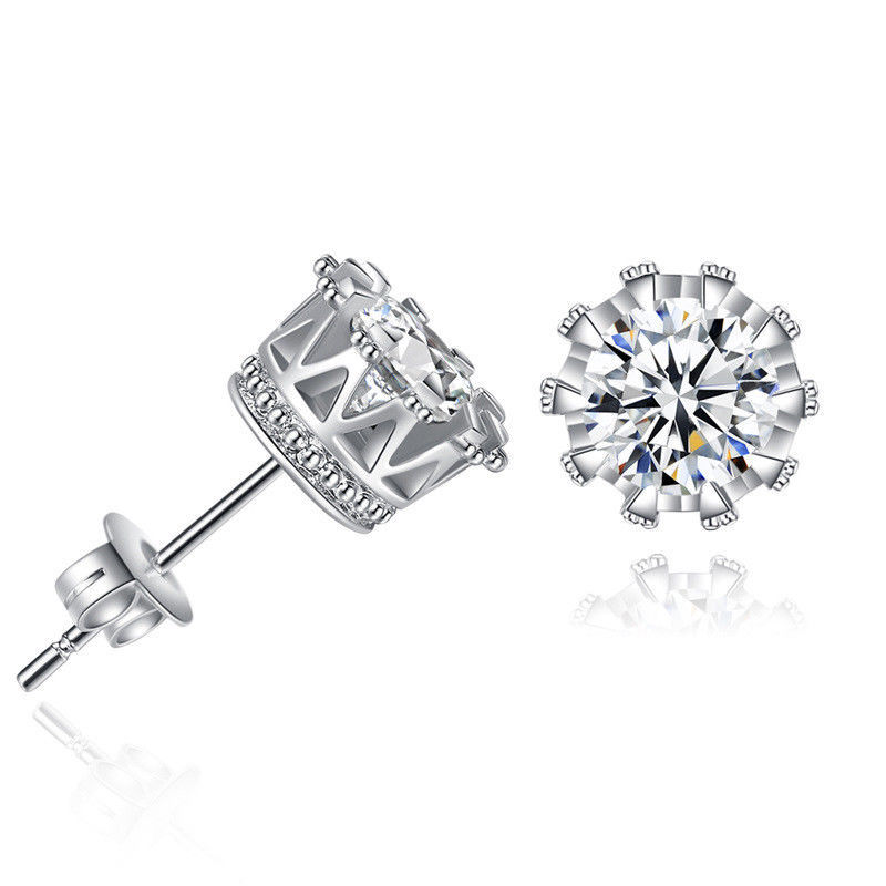 Fashion Crown Gold Plated Earrings Women Brincos De Prata Men Sterling Silver Crystal Jewelry Double Stud Earing