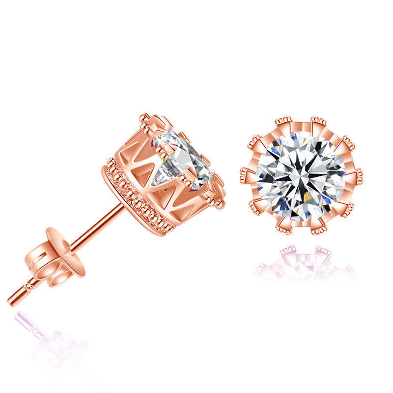 Fashion Crown Gold Plated Earrings Women Brincos De Prata Men Sterling Silver Crystal Jewelry Double Stud Earing