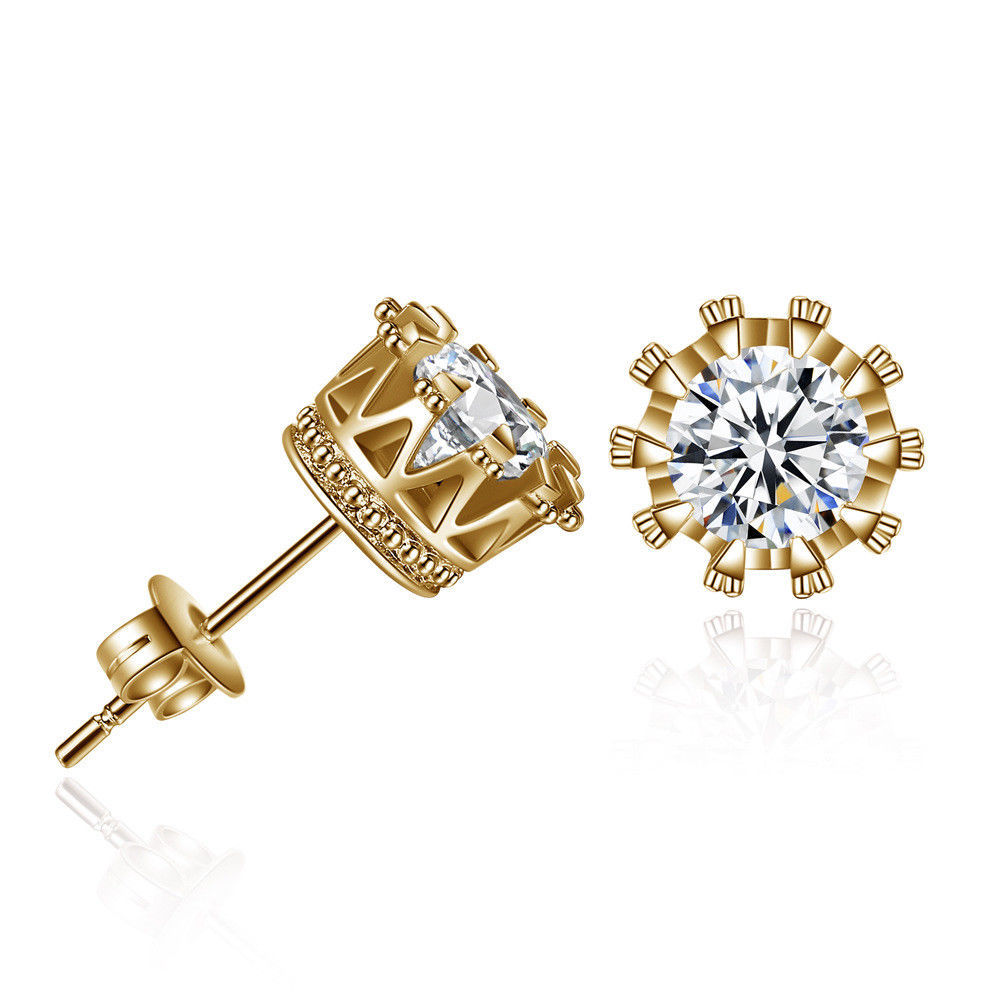 Fashion Crown Gold Plated Earrings Women Brincos De Prata Men Sterling Silver Crystal Jewelry Double Stud Earing