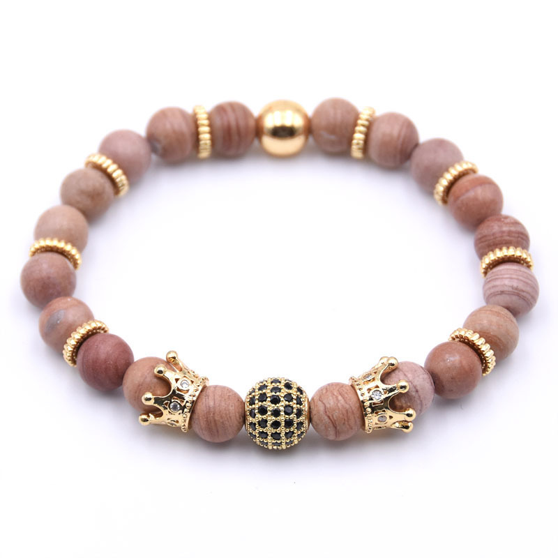 Natural Gemstone Gold Crown Beaded Stretch Bracelet Eye Charms Pendant 8mm Stone Protection Healing Crystal Stretch Beaded