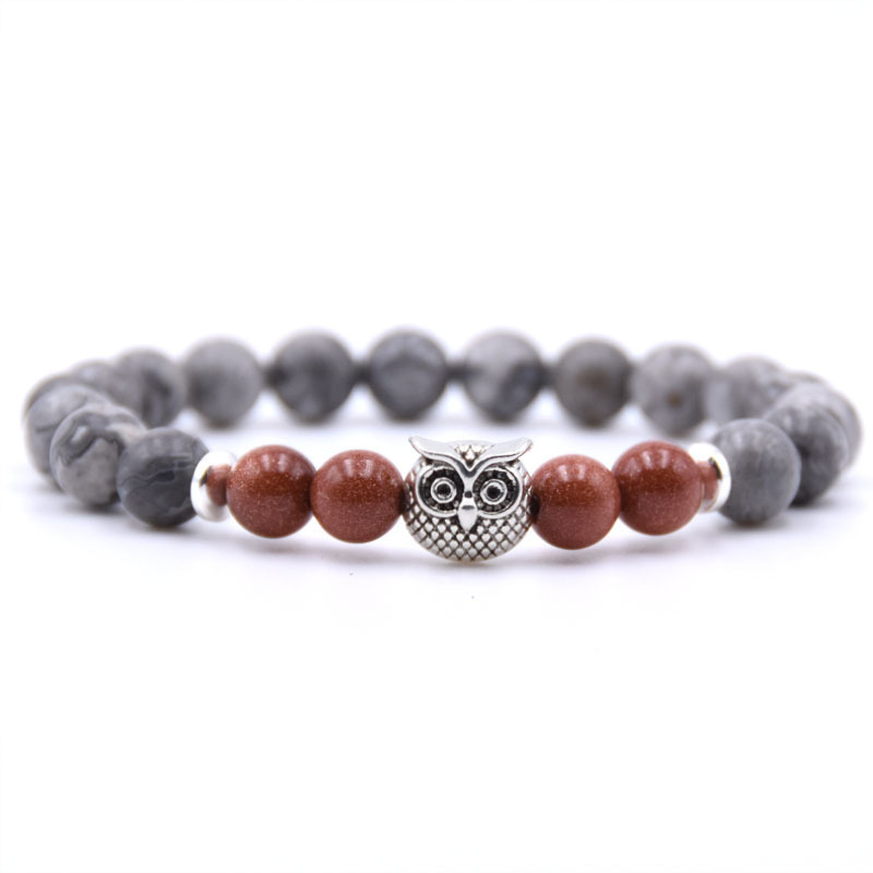 Natural Labradorite Beads Mens Bracelet Owl Strength and Perseverance 8MM High Quality Genuine Gray Gemstone Beaded Adjustable