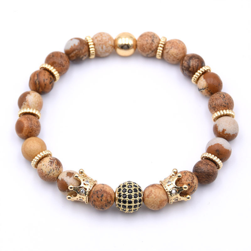 Natural Gemstone Gold Crown Beaded Stretch Bracelet Eye Charms Pendant 8mm Stone Protection Healing Crystal Stretch Beaded