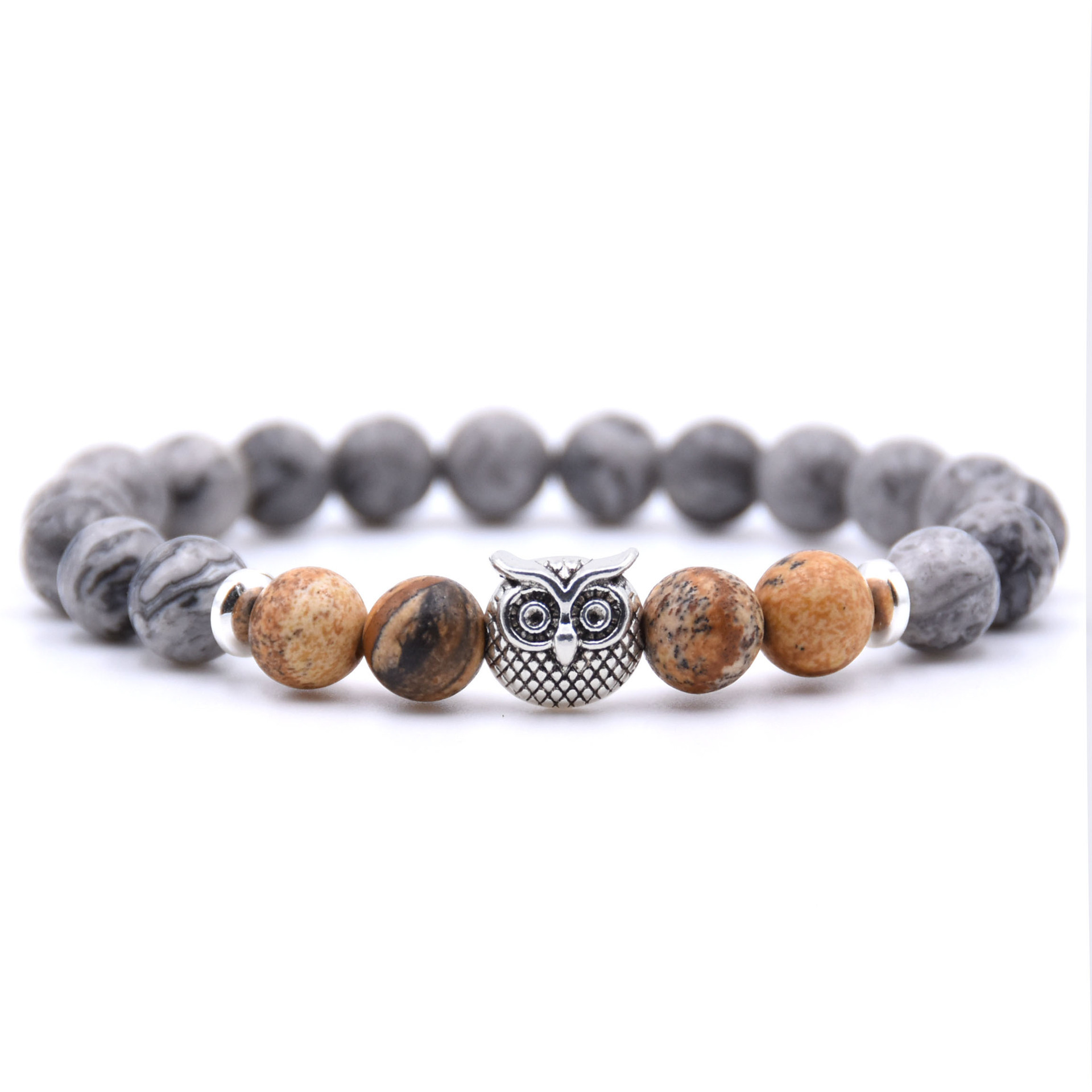 Natural Labradorite Beads Mens Bracelet Owl Strength and Perseverance 8MM High Quality Genuine Gray Gemstone Beaded Adjustable