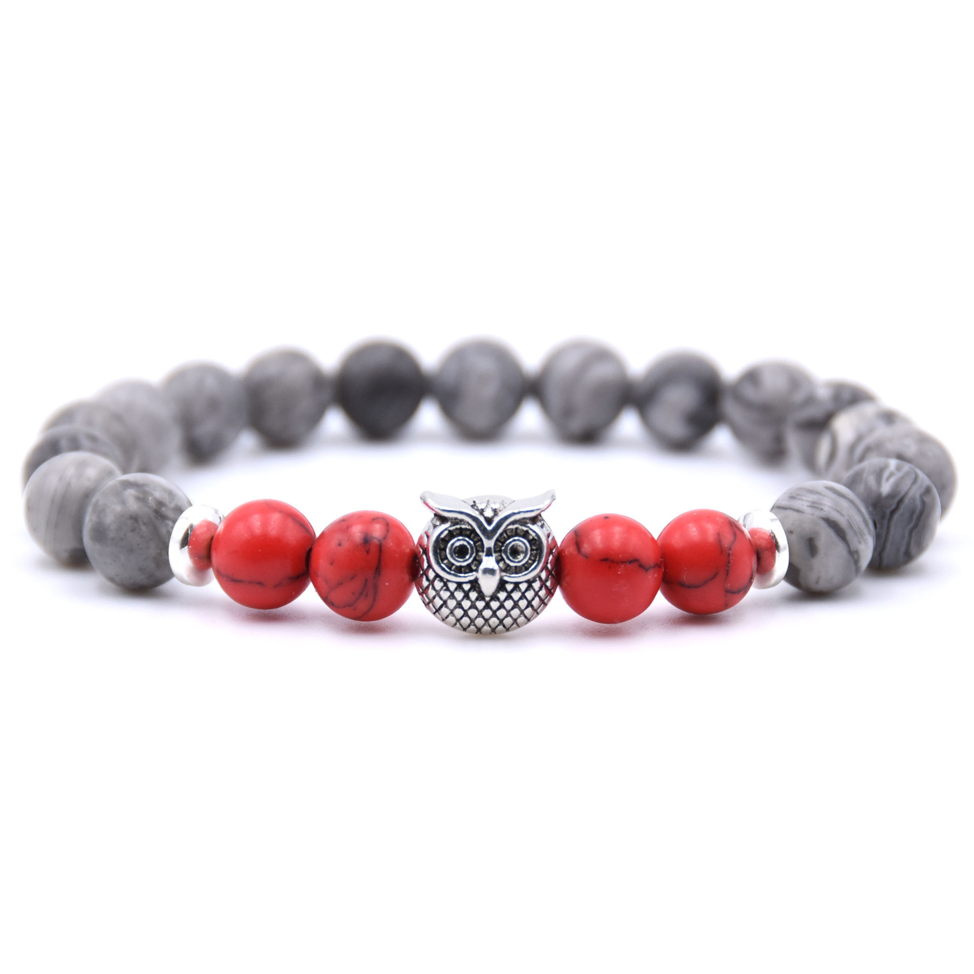 Natural Labradorite Beads Mens Bracelet Owl Strength and Perseverance 8MM High Quality Genuine Gray Gemstone Beaded Adjustable