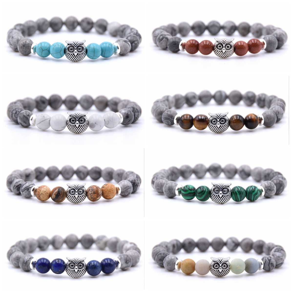 Natural Labradorite Beads Mens Bracelet Owl Strength and Perseverance 8MM High Quality Genuine Gray Gemstone Beaded Adjustable