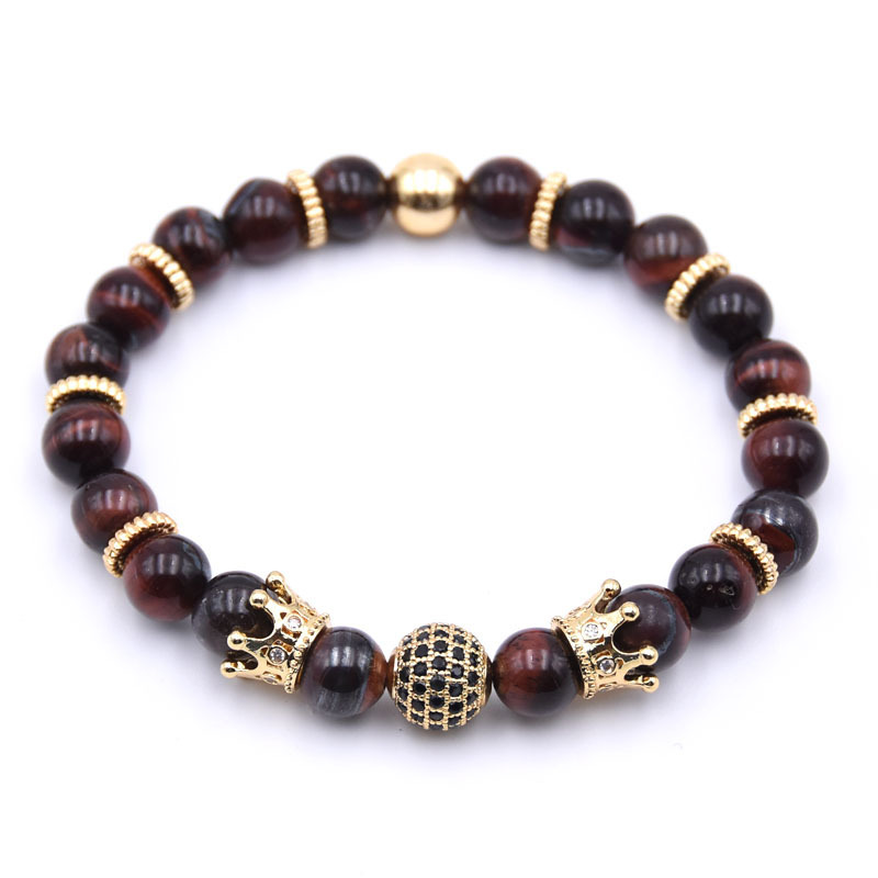 Natural Gemstone Gold Crown Beaded Stretch Bracelet Eye Charms Pendant 8mm Stone Protection Healing Crystal Stretch Beaded