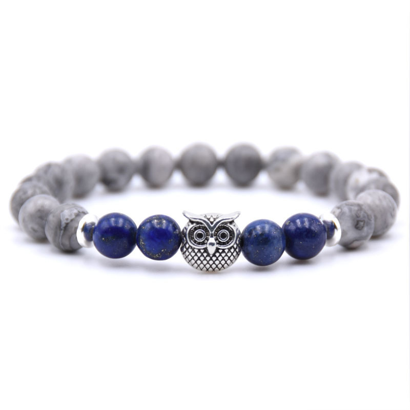 Natural Labradorite Beads Mens Bracelet Owl Strength and Perseverance 8MM High Quality Genuine Gray Gemstone Beaded Adjustable