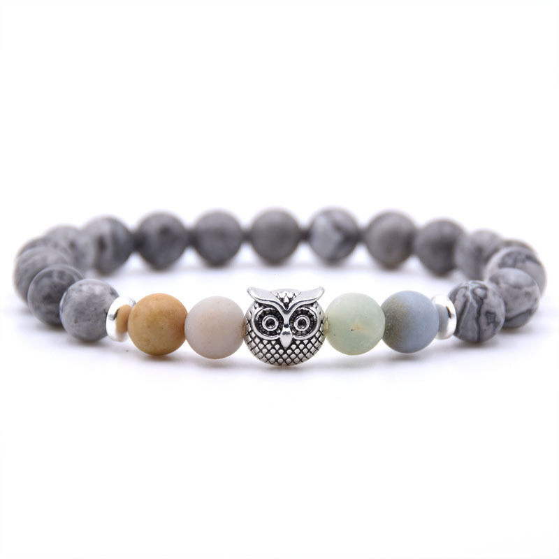 Natural Labradorite Beads Mens Bracelet Owl Strength and Perseverance 8MM High Quality Genuine Gray Gemstone Beaded Adjustable