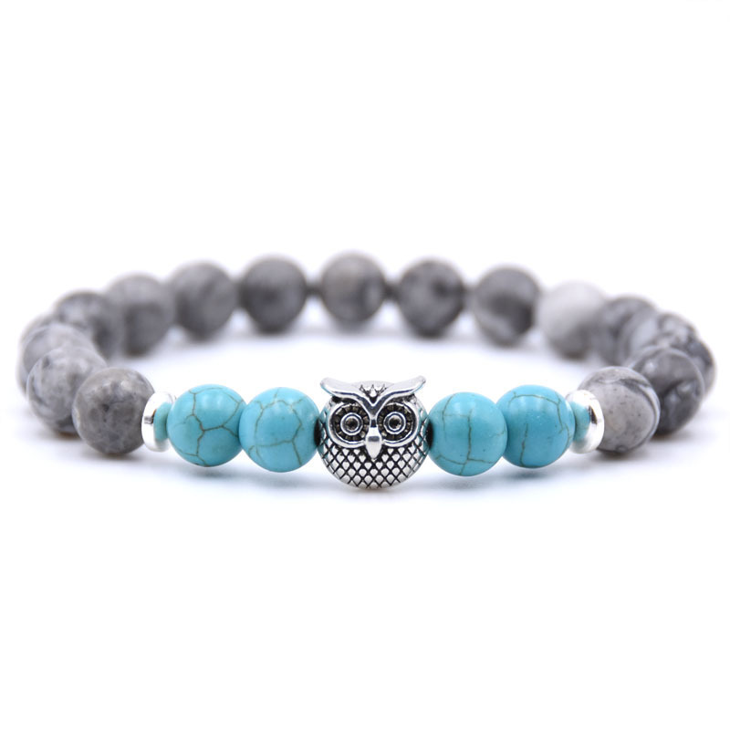 Natural Labradorite Beads Mens Bracelet Owl Strength and Perseverance 8MM High Quality Genuine Gray Gemstone Beaded Adjustable