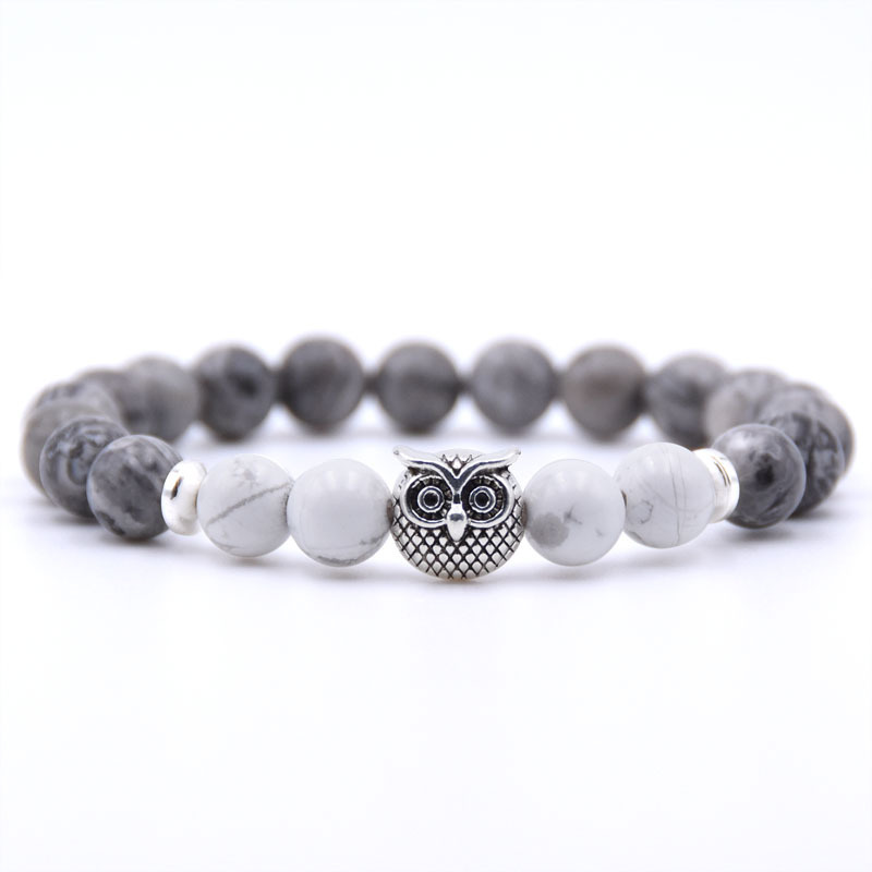 Natural Labradorite Beads Mens Bracelet Owl Strength and Perseverance 8MM High Quality Genuine Gray Gemstone Beaded Adjustable