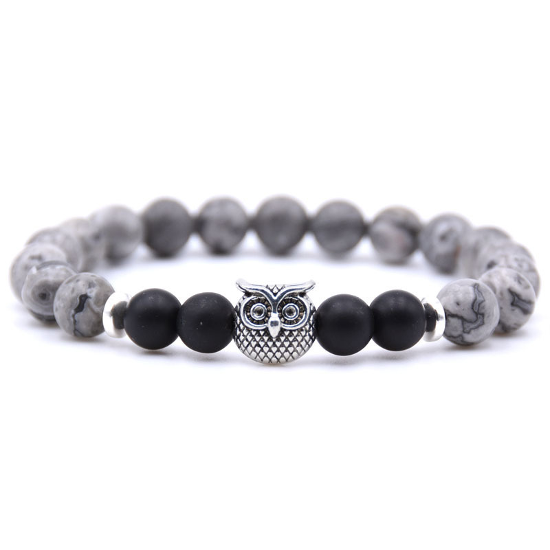Natural Labradorite Beads Mens Bracelet Owl Strength and Perseverance 8MM High Quality Genuine Gray Gemstone Beaded Adjustable