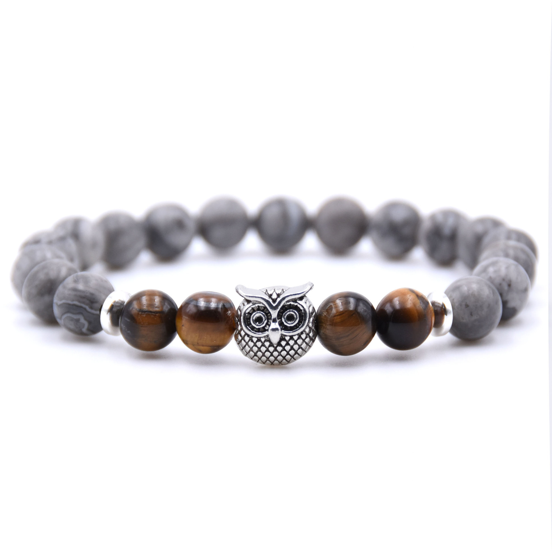 Natural Labradorite Beads Mens Bracelet Owl Strength and Perseverance 8MM High Quality Genuine Gray Gemstone Beaded Adjustable
