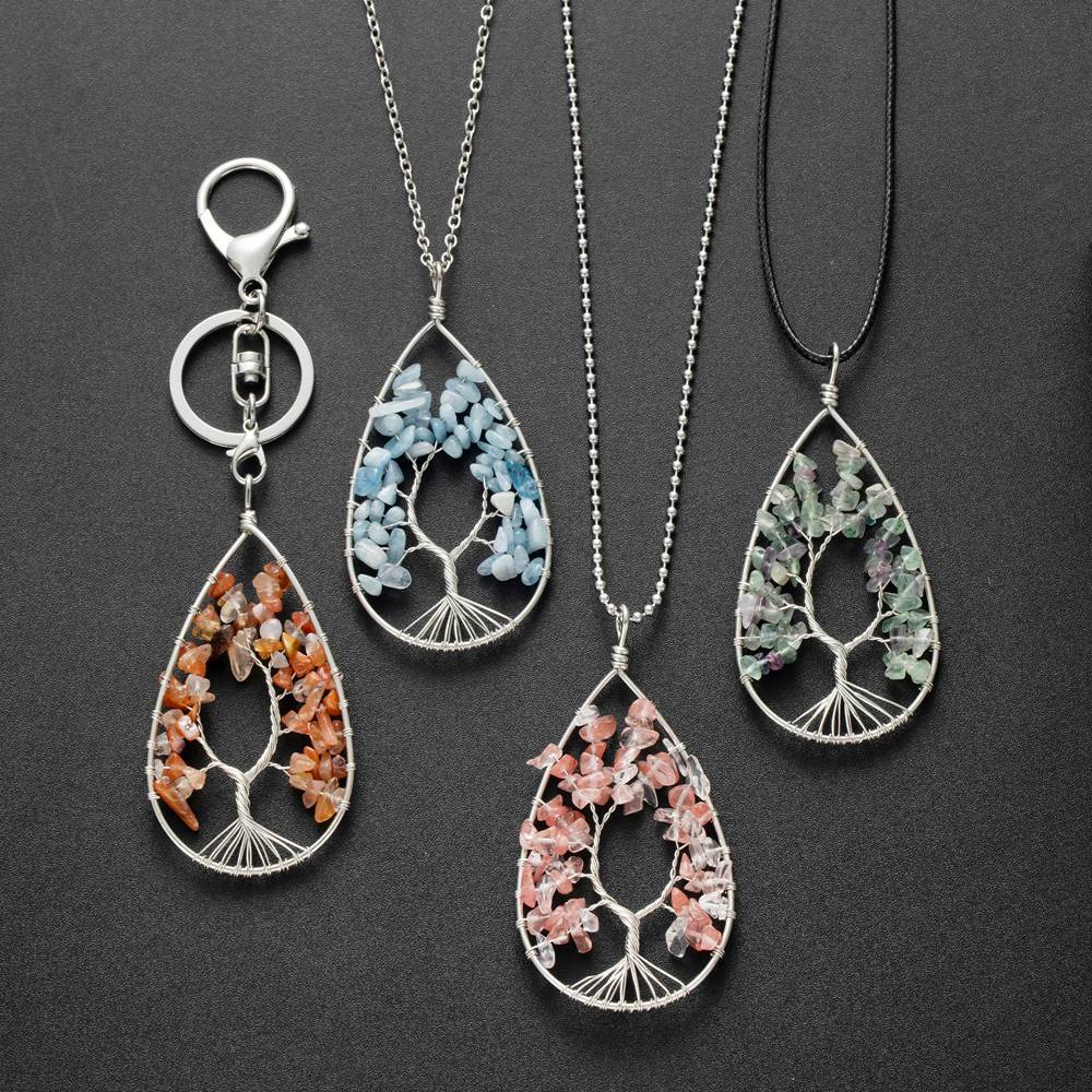 Natural 7 Chakras Healing Crystals Necklace Wire Wrapped Clear Quartz Tree of Life Pendant Pointed Reiki Energy Balancing