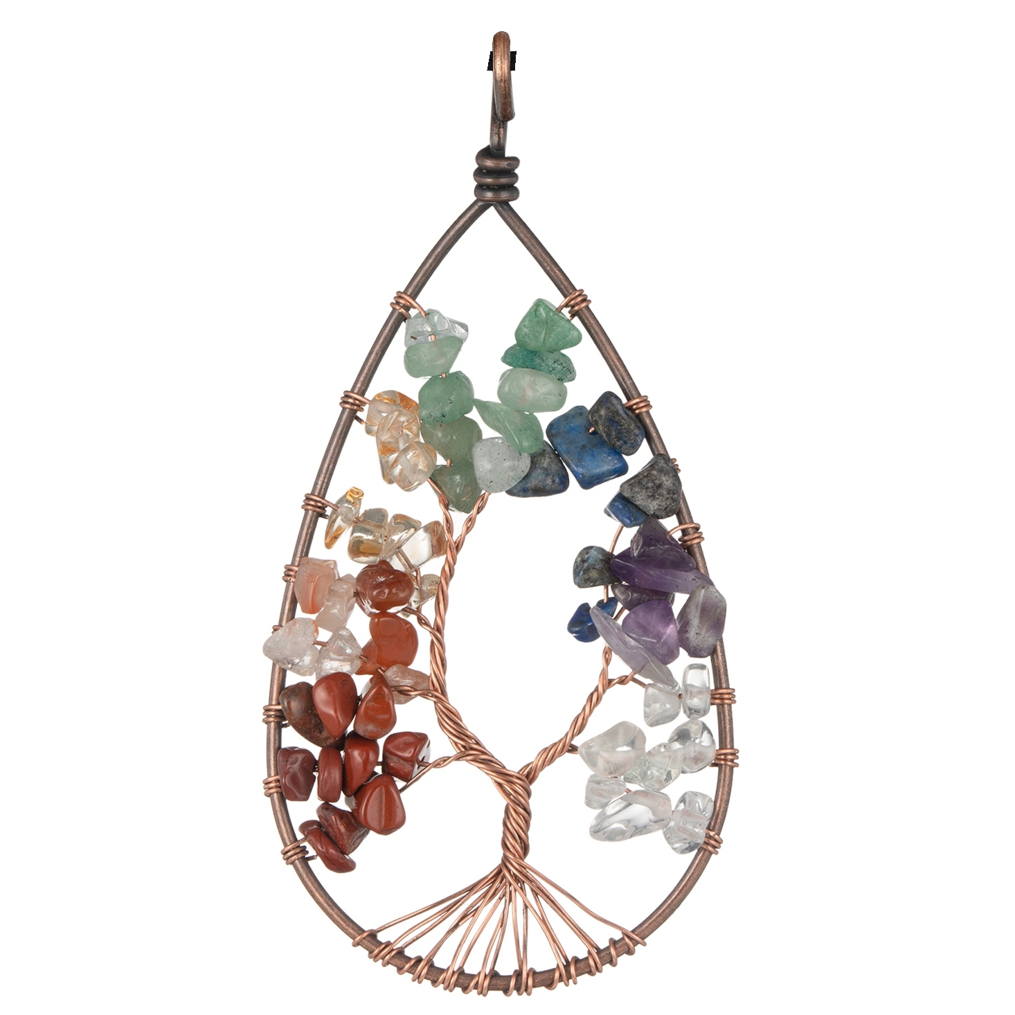 Natural 7 Chakras Healing Crystals Necklace Wire Wrapped Clear Quartz Tree of Life Pendant Pointed Reiki Energy Balancing