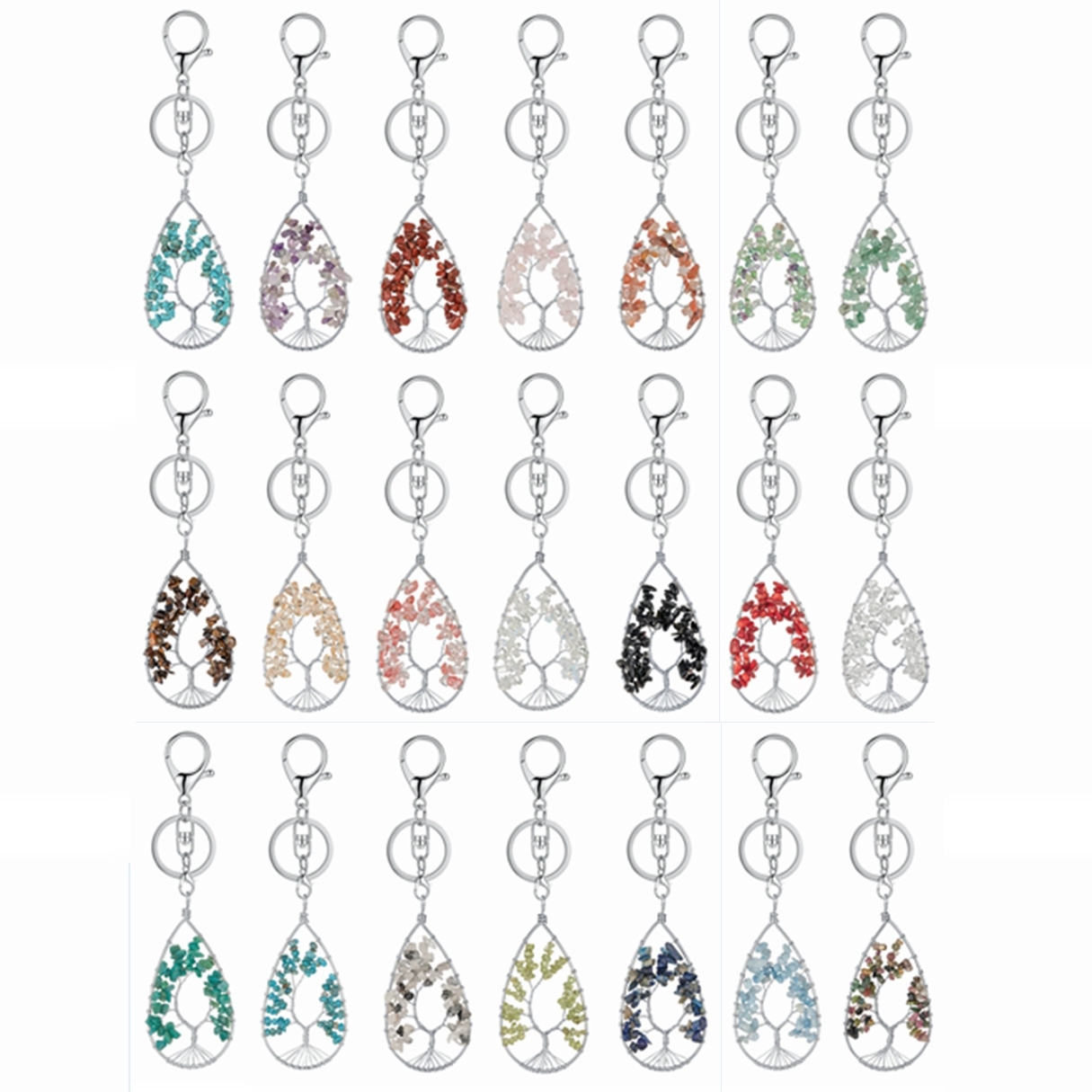 Tree of Life Pendant Gemstone 7 Chakra Healing Natural Stone Key Ring Charm Jewelry Gemstone Oval Lucky Tree Keychain Gifts
