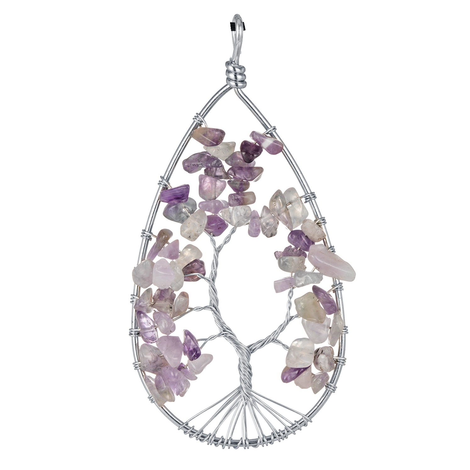 Natural 7 Chakras Healing Crystals Necklace Wire Wrapped Clear Quartz Tree of Life Pendant Pointed Reiki Energy Balancing