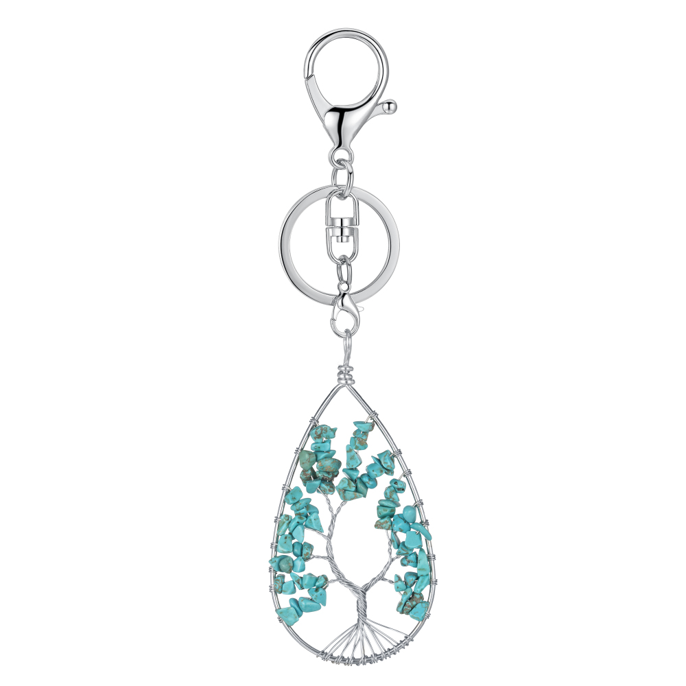 Tree of Life Pendant Gemstone 7 Chakra Healing Natural Stone Key Ring Charm Jewelry Gemstone Oval Lucky Tree Keychain Gifts